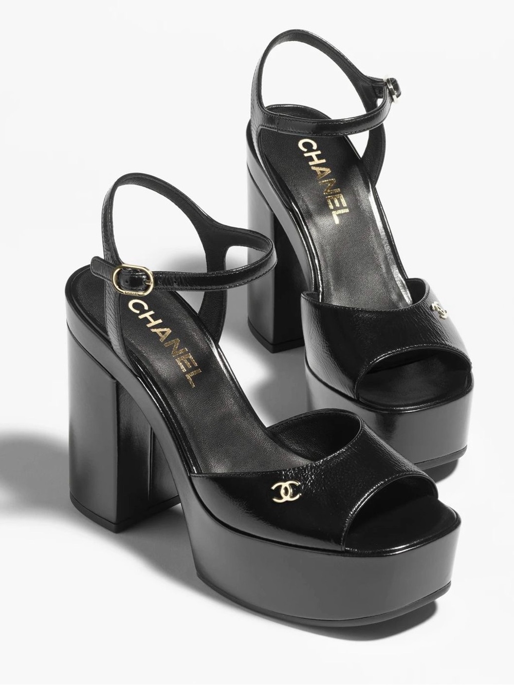 CHANEL Black Patent Leather Platform Sandals size 38.5 PICTURES COMING!